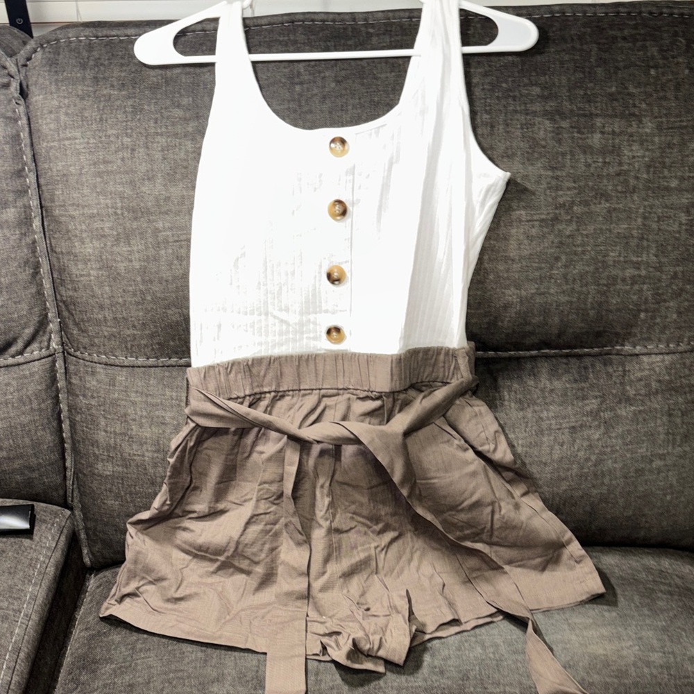 SHEIN White and Tan High Waist Romper